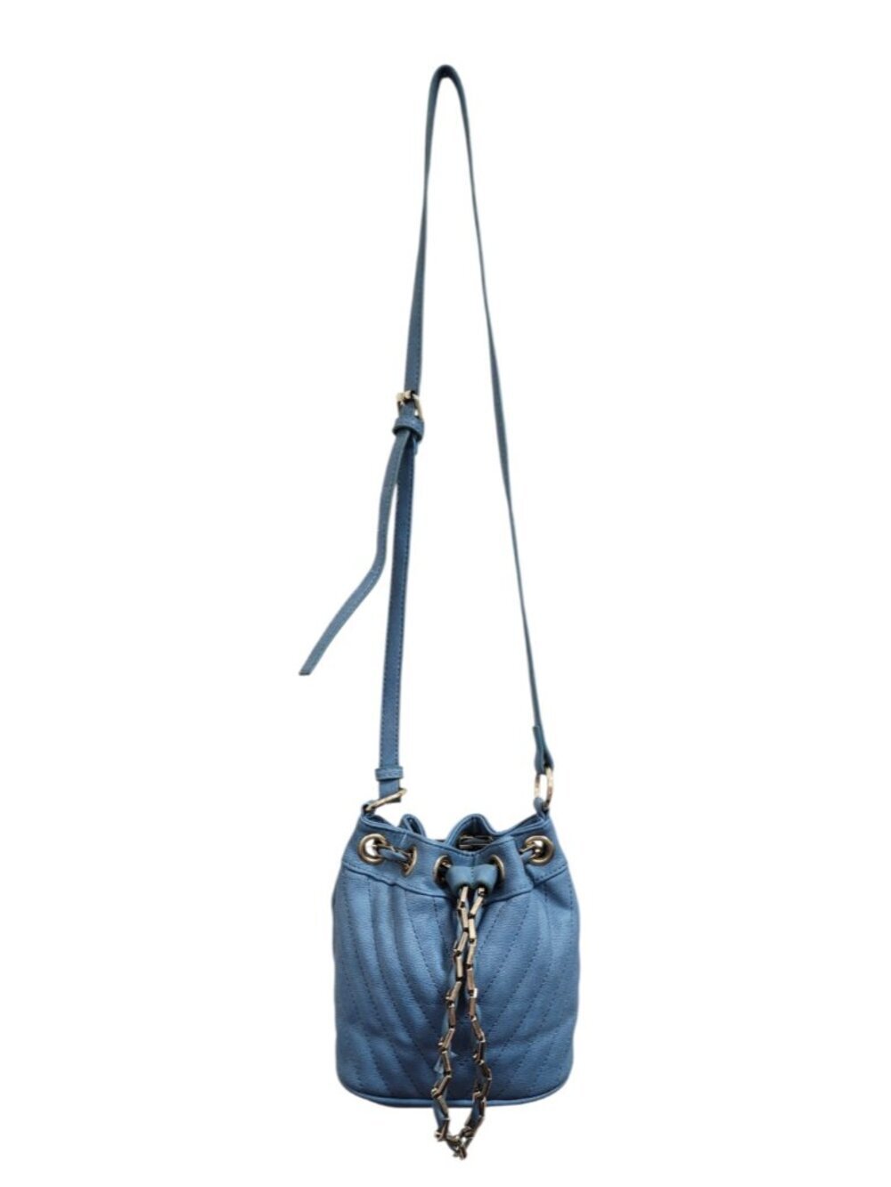Free People Blue Faux Leather Mini Bucket Bag Gold Chain Drawstring Crossbody - Picture 2 of 14